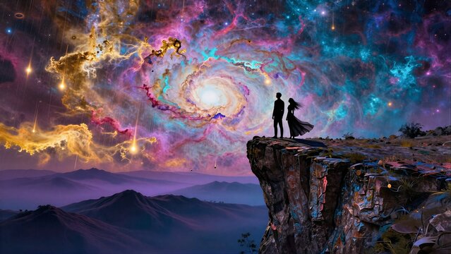 Two figures stand on cliff edge, gazing at swirling cosmic nebula above mountains.