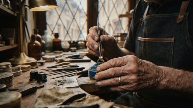 An elderly artisan jeweler carefully works on a ring at his cluttered, rustic wooden workbench, illuminated by a warm lamp in a traditional shop setting.