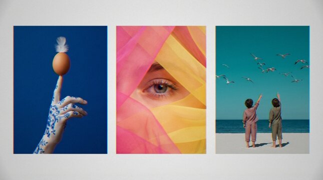 A triptych collage featuring a hand with blue patterns balancing an egg with a feather, a close-up eye behind colorful veils, and two children on a beach pointing at flying seagulls.