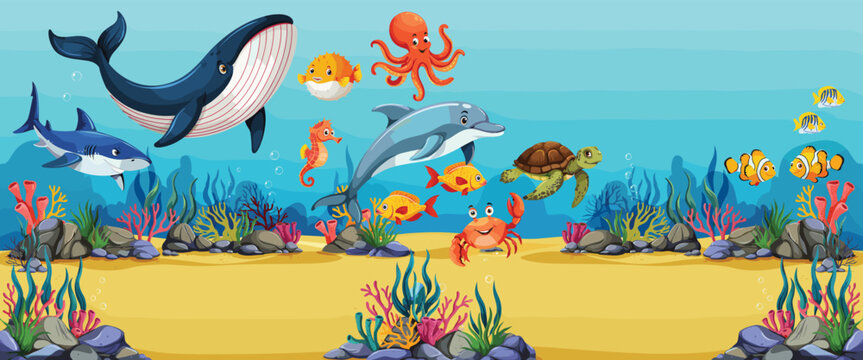 Underwater ocean animals scene icon collection, decorative artwork design, marine motif concept, aquatic theme illustration,