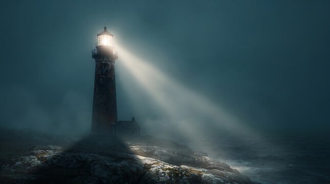 Lighthouse on rocky coast glowing bright light through ocean fog