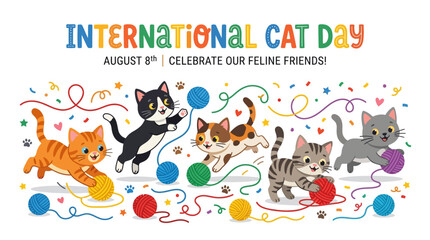 Naklejka premium Colorful illustration celebrating international cat day with playful kittens chasing yarn balls with festive scene international vibrant cartoon style