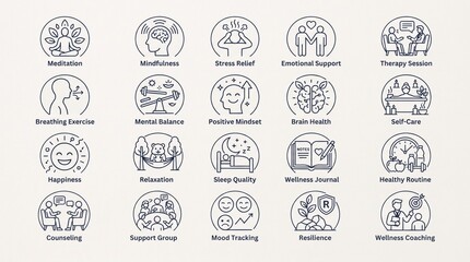 Obraz premium Mental Health and Wellness Icon Set Featuring Mindfulness Therapy Stress Relief and Emotional Support Vector Illustrations