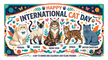 Celebratory international cat day banner with lively decorative background vibrant banner celebrating day illustrations various breeds against lively © Shoaib