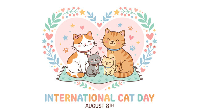 Adorable cat family inside heart frame celebrating international cat day with love with cute illustration cat animal illustration family portrait