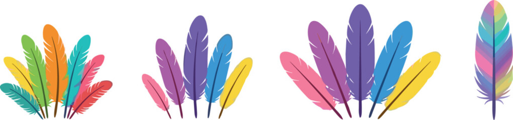 Colorful boho feathers vector collection featuring bright rainbow bird plumage arrangements and single multi color festive decoration elements © Prodip