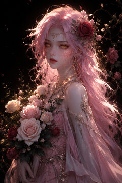 Portrait Of Fantasy Girl With Pink Hair Holding Fresh Rose Bouquet