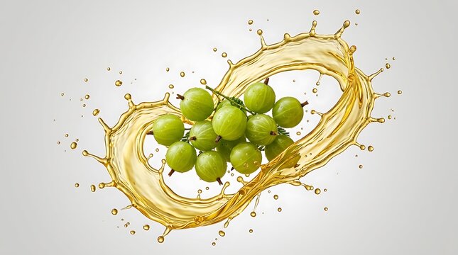 Fresh green gooseberries falling into a swirl of splashing fruit juice for a healthy food concept. amla oil
