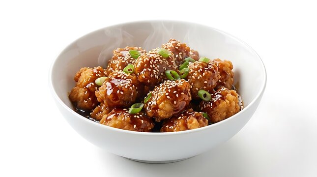 Delicious asian style meatballs glazed with savory sauce and sprinkled with sesame seeds and onions. general tso chicken