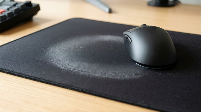 Worn black mouse pad with circular wear pattern on wooden desk. Close up of computer mouse on used fabric surface in office workspace