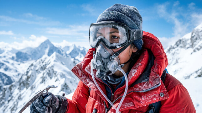 Female mountaineer with oxygen mask and ice axe on snowy peak. High altitude winter climbing