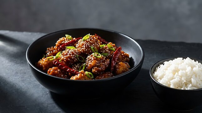 Stir fry chicken with vegetables and sesame seeds in a black bowl served with a side of white rice. general tso chicken