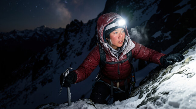 Female mountaineer climbing snowy rock face at night. Winter night ascent with headlamp and ice axe