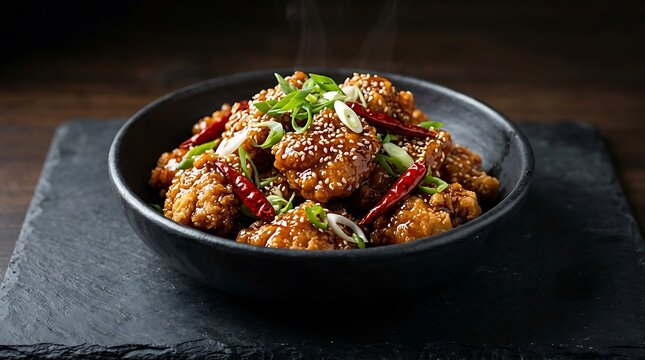 Spicy crispy fried chicken pieces with sesame seeds and green onions served in a dark ceramic bowl. general tso chicken