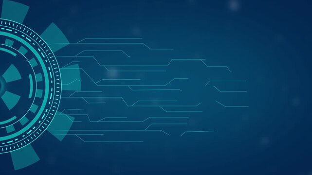 Abstract technology background with glowing circular interface gear animation and digital circuit line network flow motion graphic elements in blue color palette motion design.