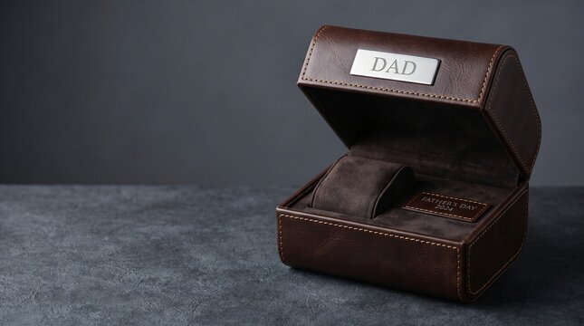 Luxury brown leather watch box with engraved silver dad plaque on dark stone surface for Father Day gift celebration
