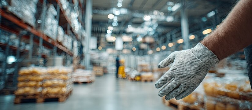 Worker Hand Wearing Glove Reaching in Warehouse with Shelves and Packaged Goods