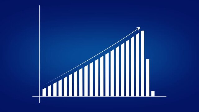 Rising bar chart animation showing economic growth and positive business performance on blue background with upward arrow trend for financial success and market progress video.