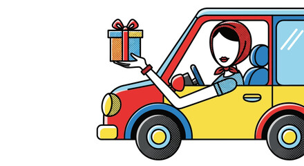 Naklejka premium woman driving car holding gift
