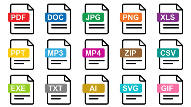 Multi-colored file type icons for various digital formats.