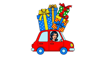 Naklejka premium woman driving car with many colorful gifts on top