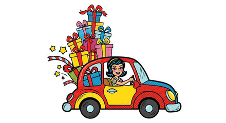 Fototapeta premium Woman Driving Car with Stack of Gift Boxes, Festive Celebration
