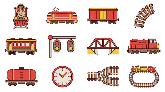 Clean Colorful Illustrated Icons Set of Train Themed Elements and Infrastructure with high quality professional line art symbols for modern creative design and digital branding projects