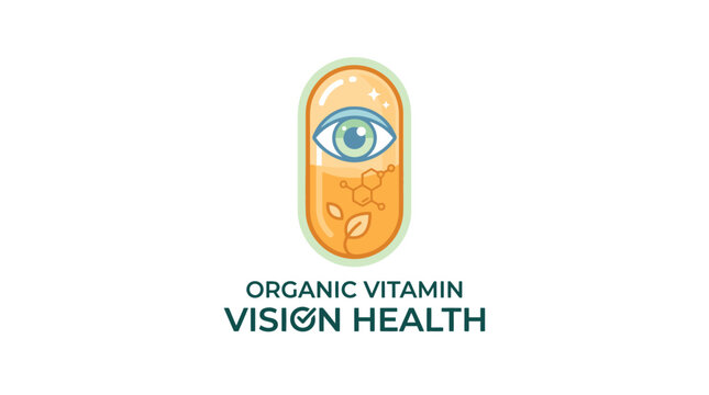 Organic vitamin vision health logo featuring a capsule with an eye and plant.
