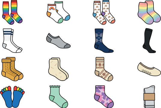Colorful socks icon set cotton footwear collection rainbow striped pattern winter wool warm hosiery ankle socks vector illustration template.