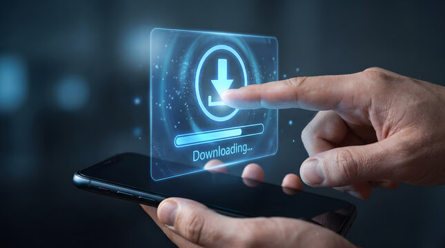 Human finger starting a holographic download process on a smartphone with futuristic digital interface display