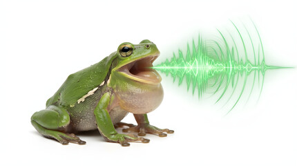 Obraz premium Green frog croaking with sound wave effect. Cartoon amphibian vocalizing audio visualization illustration.