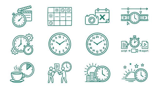 Corporate Time Management and Productivity with Minimalist Green Icons and Clocks with high quality professional line art symbols for modern creative design and digital branding projects
