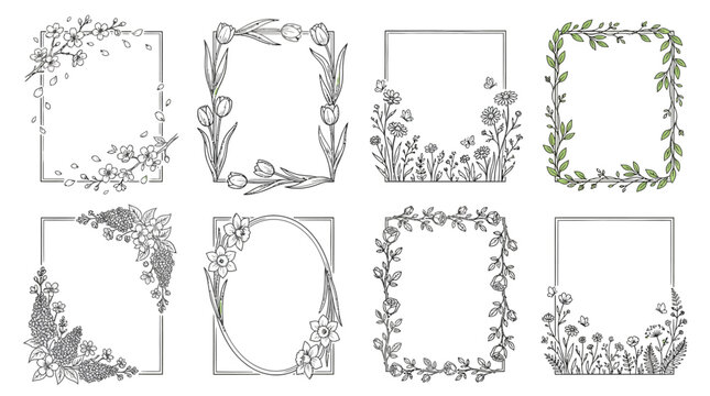Set of Elegant Hand Drawn Floral Frames and Botanical Borders for Wedding Invitations and Greeting Cards