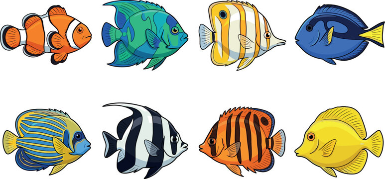 Colorful tropical reef fish vector icon set illustration featuring clownfish angelfish tang butterflyfish and bright exotic marine aquarium wildlife
