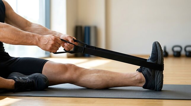 Athletic person doing seated hamstring stretches with resistance strap on a fitness mat in a professional gym environment