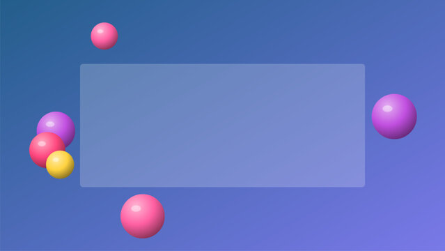 Modern glassmorphism frame for website design featuring a liquid glass effect with floating colorful spheres on a soft blue gradient background backdrop