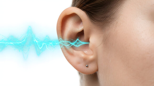 Human ear receiving sound waves with blue audio visualization. Close-up illustration of hearing and auditory perception with frequency signal.