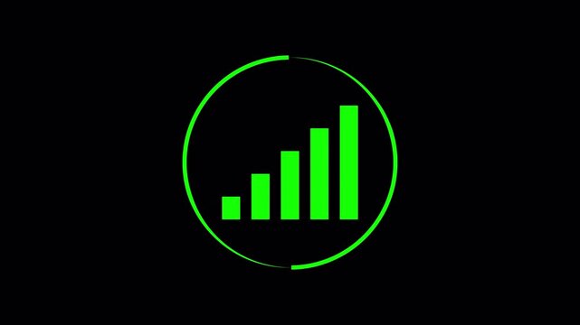 This animated signal strength icon features glowing green bars inside a circular container for wireless network and connection videos.
