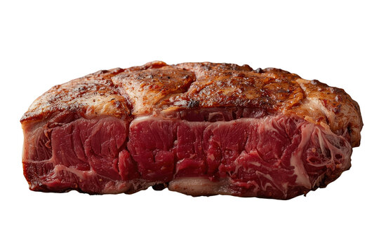 Thick raw marbled beef steak side view on transparent background