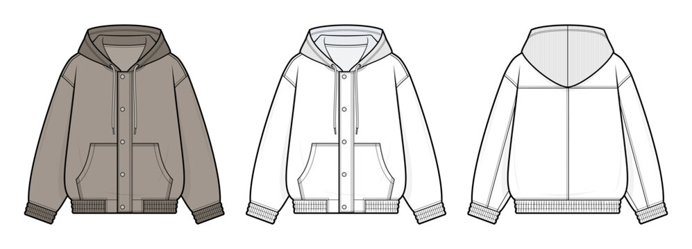 Hooded Jacket Technical Fashion Illustration. Concealed Zip Hoodie with Covered Placket, Kangaroo Pocket and Elasticized Cuffs. Front and Back View. Unisex Apparel. Leather, Corduroy. CAD Mockup.