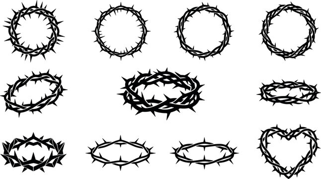 Crown of thorns vector set with religious Christian silhouettes and heart shaped thorn frame isolated on white background
