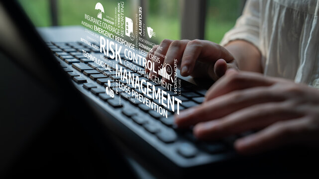 A close-up view of hands typing on a laptop, highlighted with overlay text related to risk management and control, symbolizing strategic business actions. Tessel