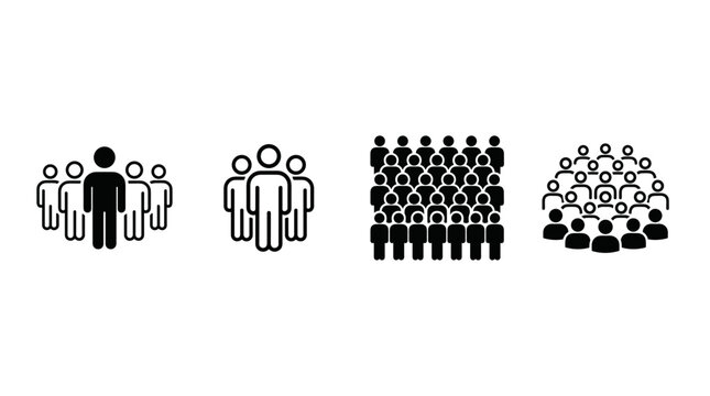 Collection of stylized icons representing groups of people, showcasing different crowd sizes and compositions.