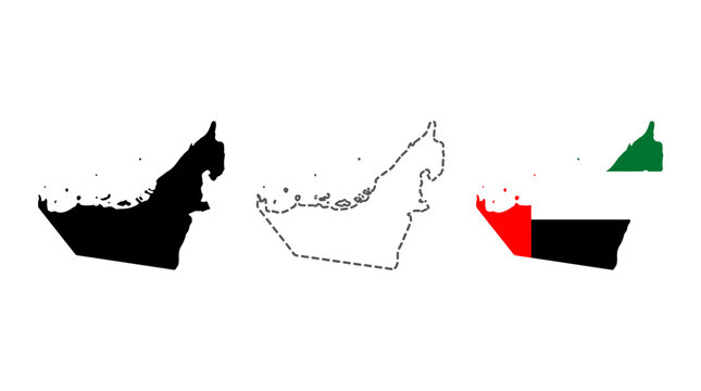 Collection of United Arab Emirates map outlines and flag elements, presented in black, dashed outline, and national flag colors.