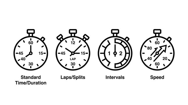 Set of four outline icons representing different stopwatch functions: standard time, laps, intervals, and speed measurement.