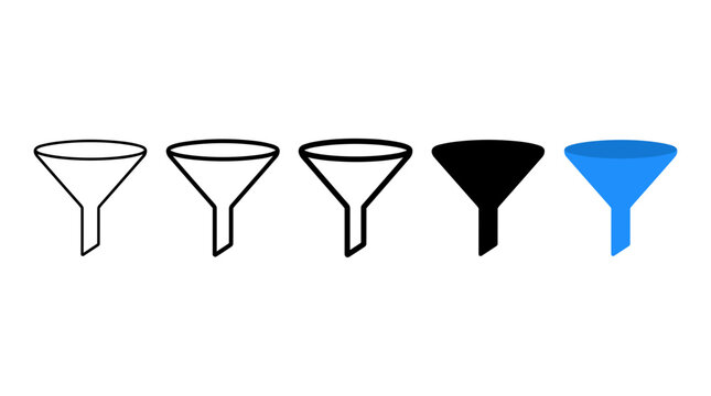 A set of five funnel icons showcasing different styles: outline, detailed outline, filled silhouette, and a vibrant blue color.