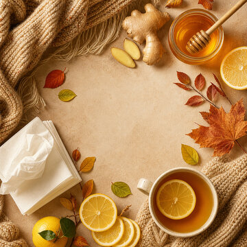 Autumn cold care flat lay with honey ginger lemon tea tissues and knit scarf with copy space, はちみつ生姜レモンティーとティッシュとニットマフラーの秋の風邪対策フラットレイ