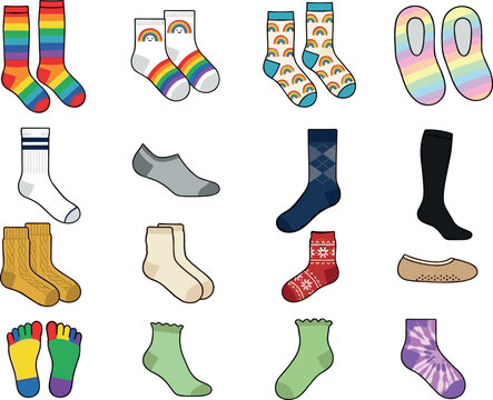 Cute colorful socks icon set rainbow pattern cotton wool winter footwear warm cozy hosiery tie dye vector illustration template.