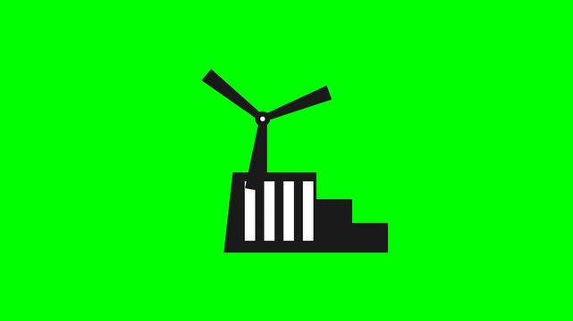 Minimalist black windmill icon on a vibrant green screen background.
