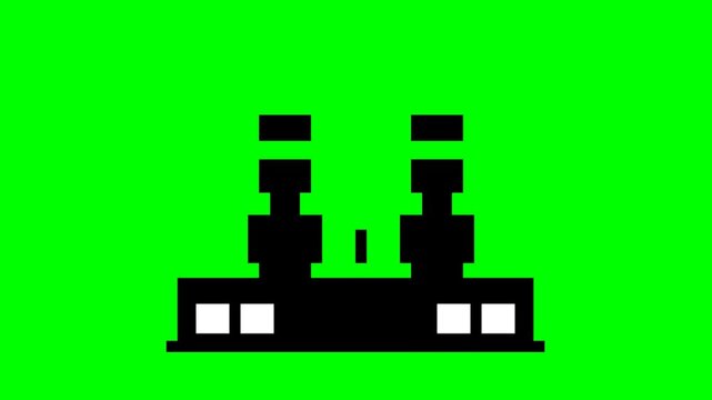 Simple black factory icon with two chimneys on a bright green background.